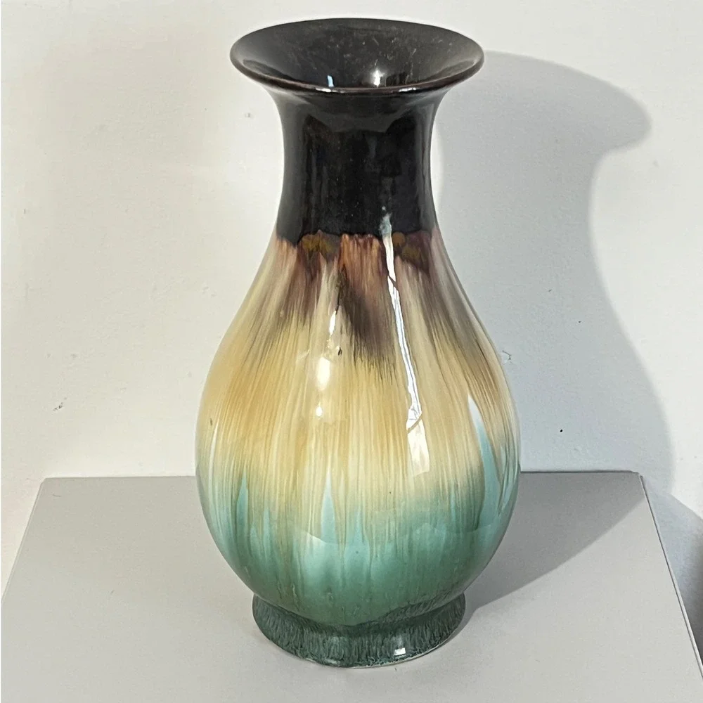 Drip Glaze Ceramic‎ Vase Home Decor 12.5in Brown Tan Green MCM Style
